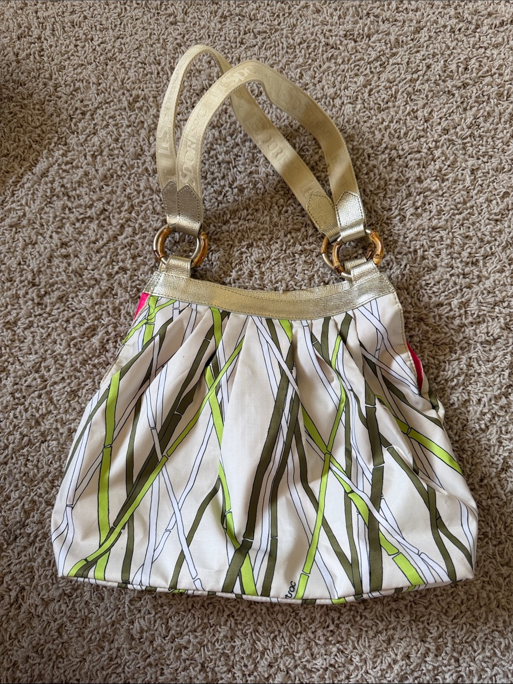Gold-Handle White & Green Patterned Shoulder Bag